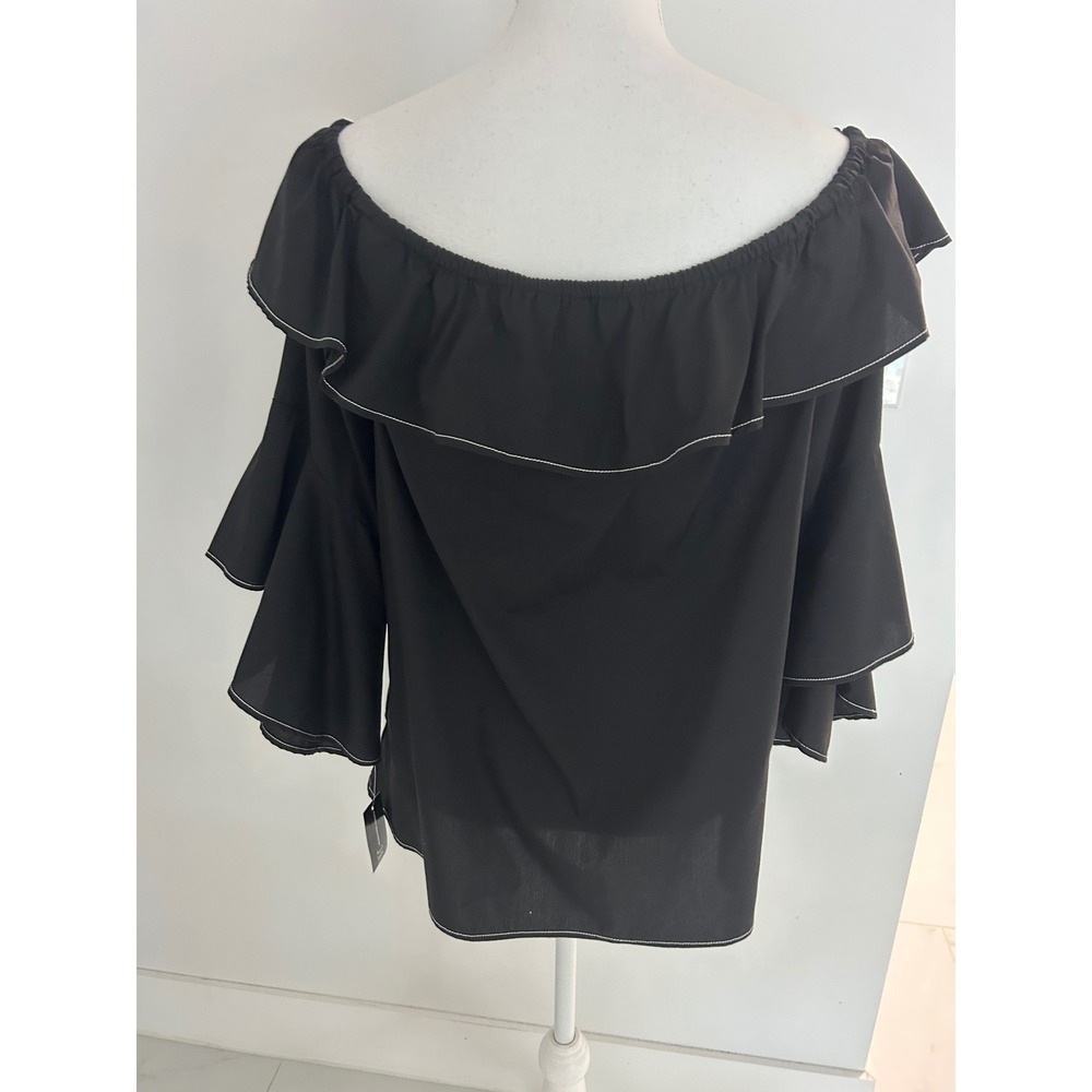 INC International Concepts NWT Black Off Shoulder Ruffle Bell Sleeve Top Medium